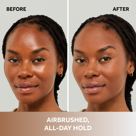No7 powder puff application demonstrating easy blending for a matte, oil-free look.