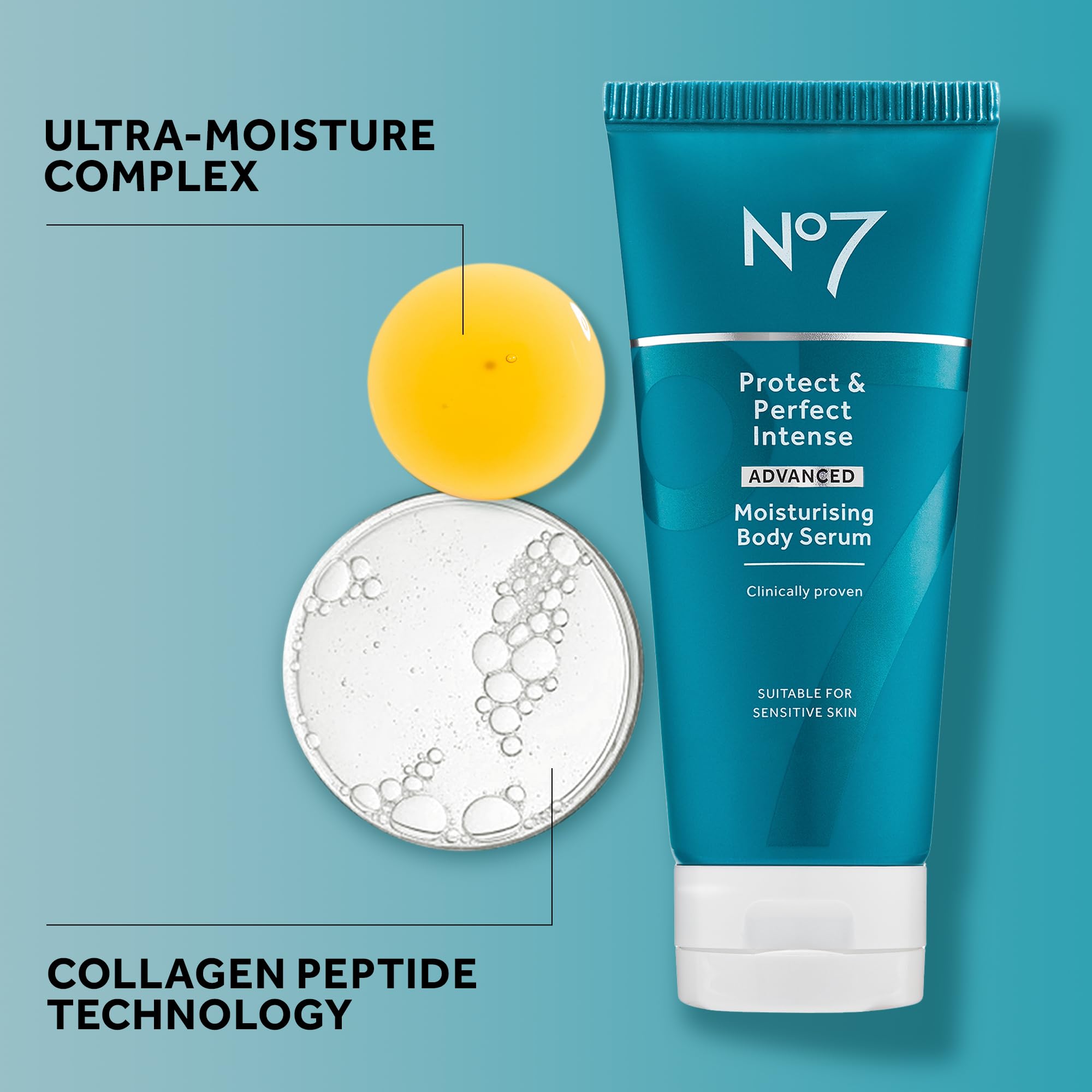 No7 Protect & Perfect Body Serum hyaluronic acid droplets on skin