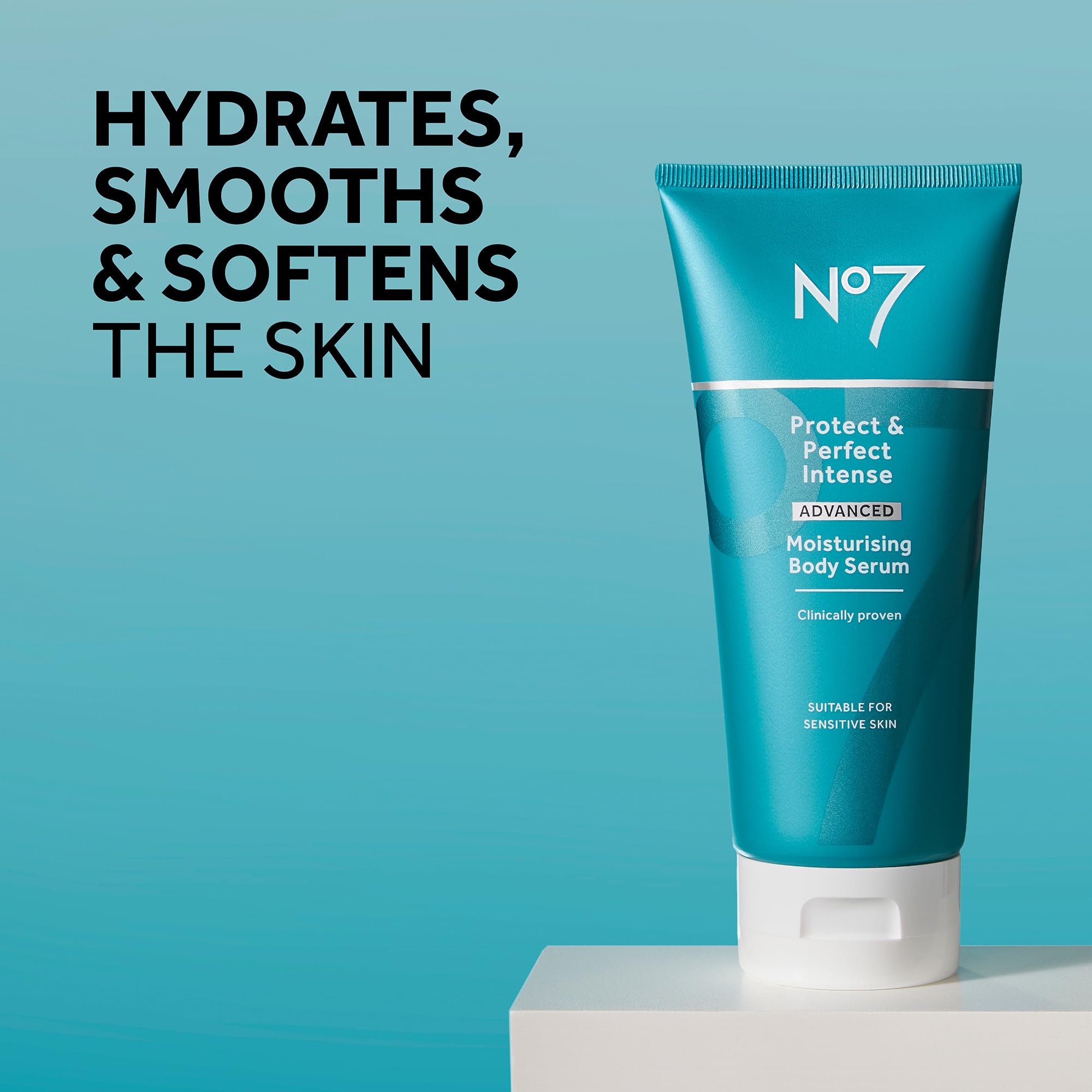 No7 Protect & Perfect Body Serum texture closeup showing non-greasy finish