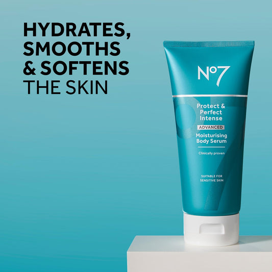 No7 Protect & Perfect Body Serum texture closeup showing non-greasy finish