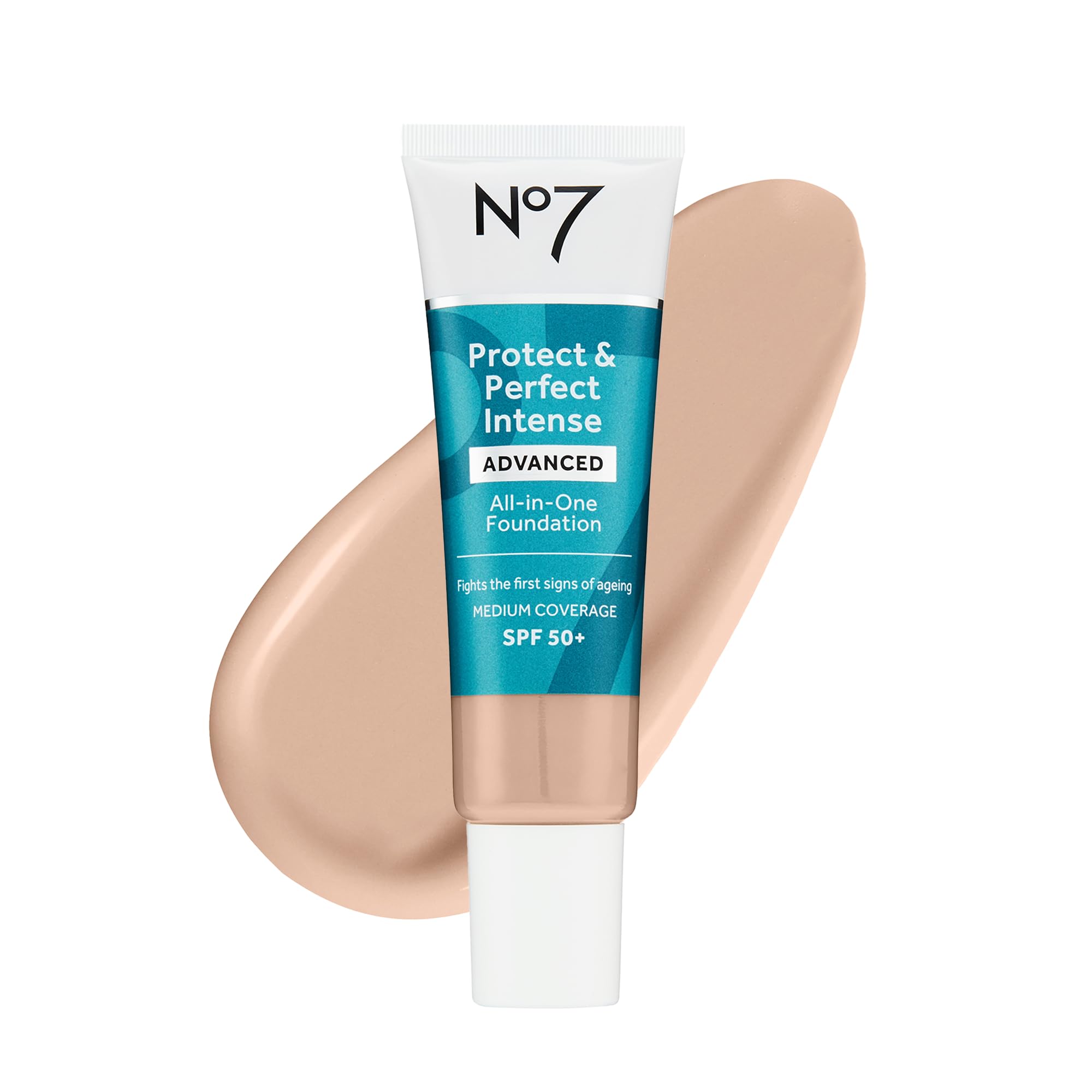 No7 Protect & Perfect Foundation bottle with SPF 50 shown for broad protection and hydration.