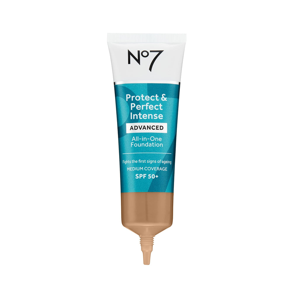 No7 Protect & Perfect Foundation Deep Honey bottle close-up showing a hydrating finish.