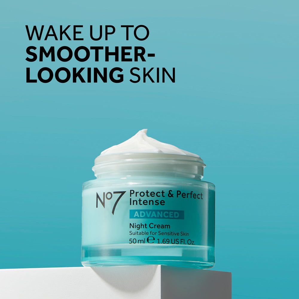 No7 Protect & Perfect night-cream jar open with luxurious formula for skin renewal.