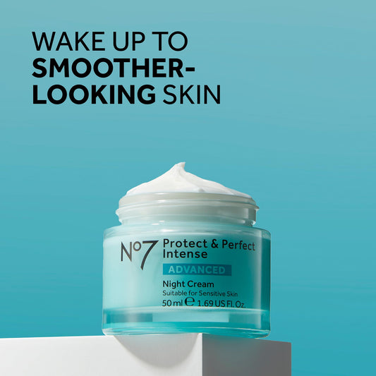 No7 Protect & Perfect night-cream jar open with luxurious formula for skin renewal.
