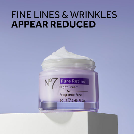 No7 Pure Retinol Night Cream tube, supports firmer, smoother skin overnight.