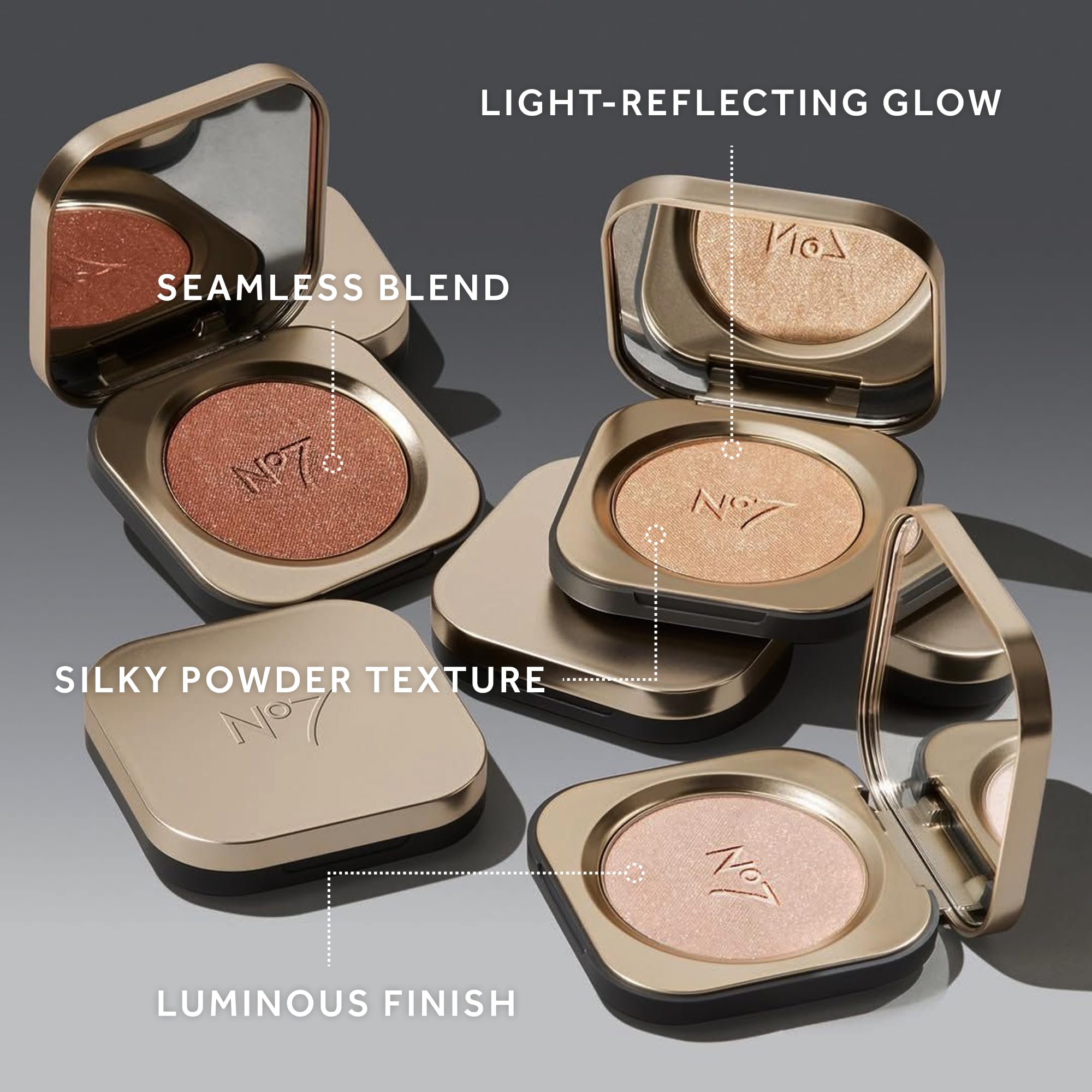 No7 Radiant Glow powder texture shown as lightweight shimmer on skin.
