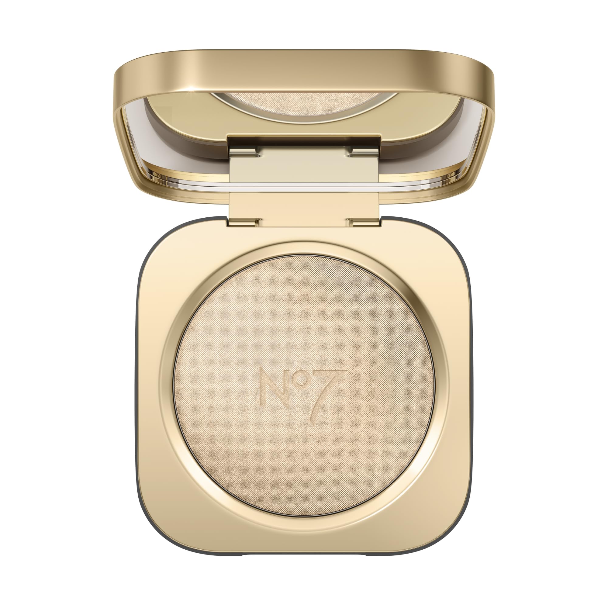 No7 Radiant Glow Highlighter packaging close-up, silky dewy finish for luminous skin.