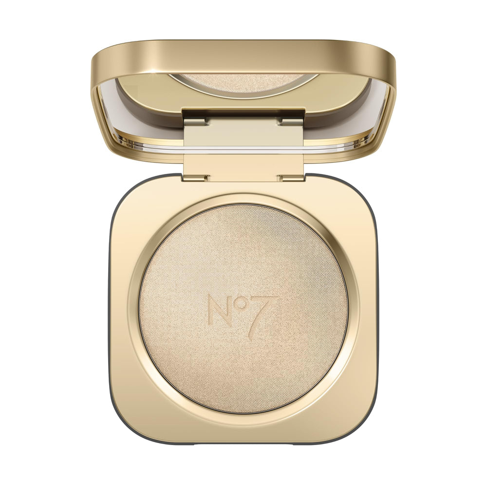 No7 Radiant Glow Highlighter packaging close-up, silky dewy finish for luminous skin.