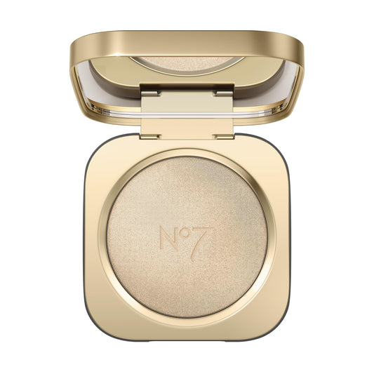 No7 Radiant Glow Highlighter packaging close-up, silky dewy finish for luminous skin.