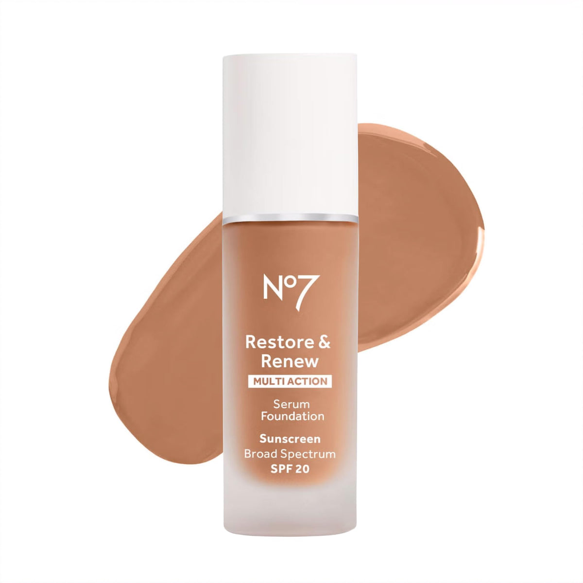 No7 Restore & Renew bottle close-up for daily wear with elegant packaging.