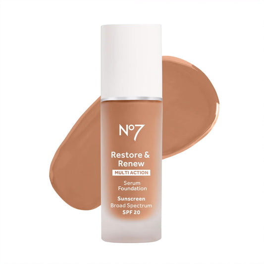No7 Restore & Renew bottle close-up for daily wear with elegant packaging.