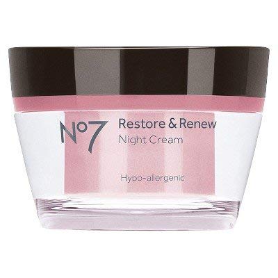 No7 Restore & Renew night cream bottle delivers overnight hydration for firmer, smoother skin.