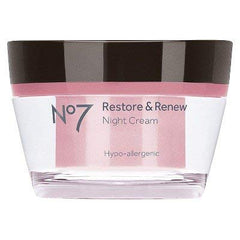 No7 Restore & Renew night cream bottle delivers overnight hydration for firmer, smoother skin.