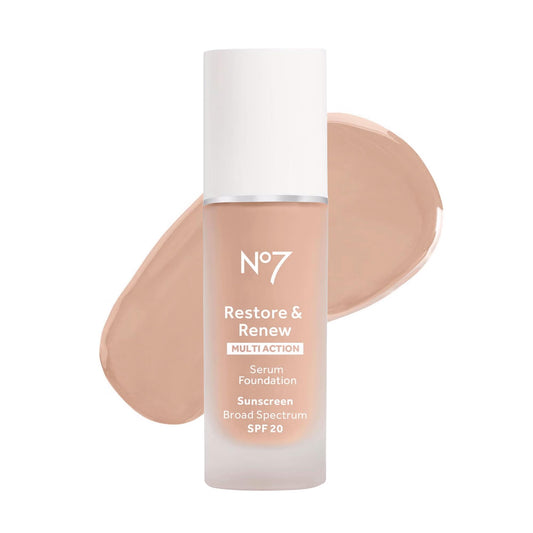No7 Restore & Renew porcelain pump bottle shows buildable coverage and a radiant finish.