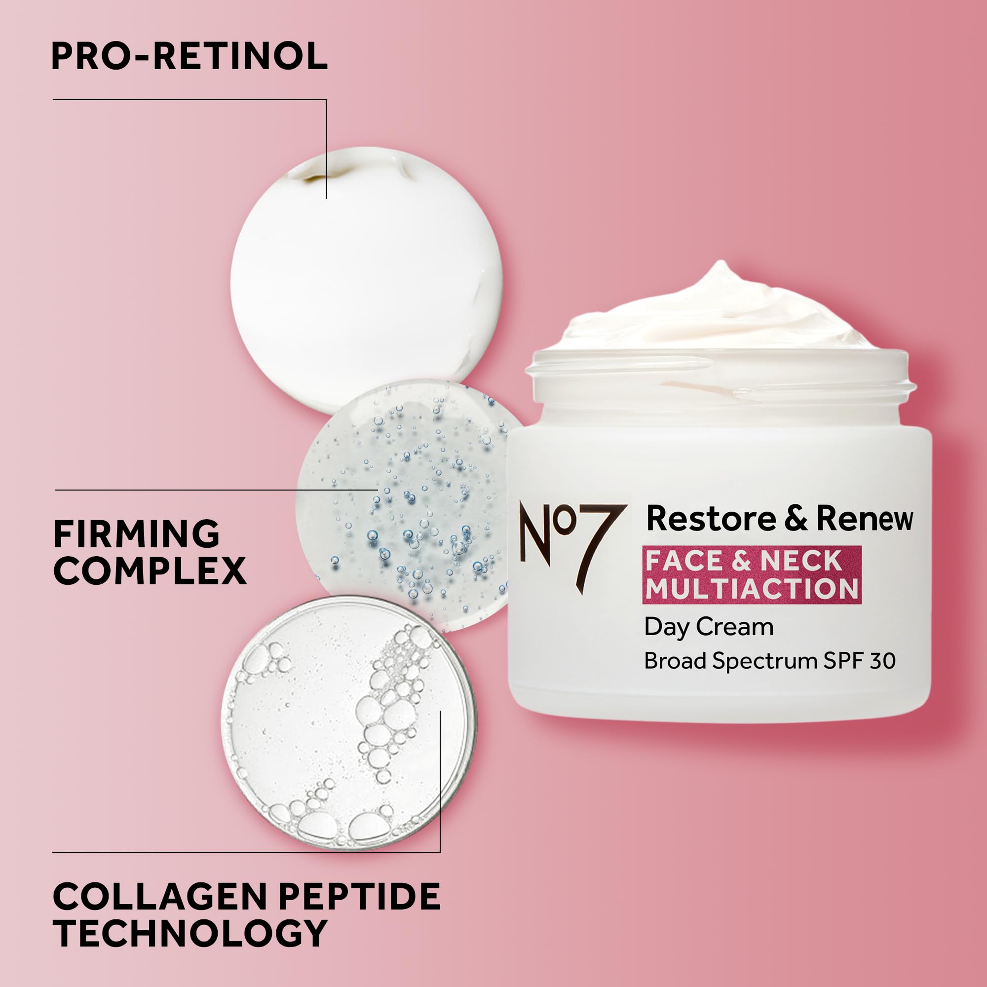 SPF 30 protection badge displayed with No7 Restore & Renew.