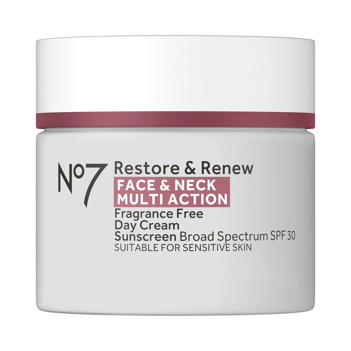 No7 Restore & Renew SPF30 day cream tube delivering daily hydration.