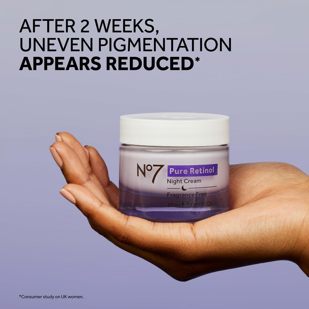 No7 Pure Retinol Night Cream jar, nourishes with shea butter and peptides.