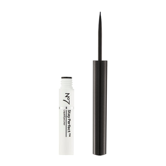 No7 Stay Perfect liquid eye liner close-up swatch showing quick-dry black pigment.