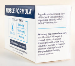 Noble Formula emu oil bar soap ingredients highlighting olive oil and oats for gentle care