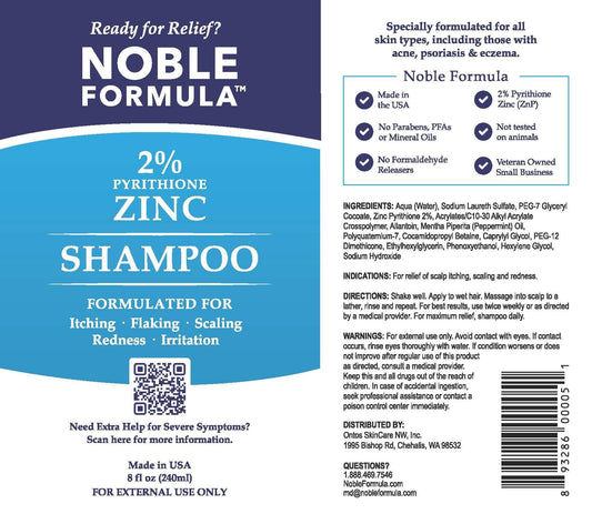 Noble Formula shampoo bottle back shows safety and usage notes