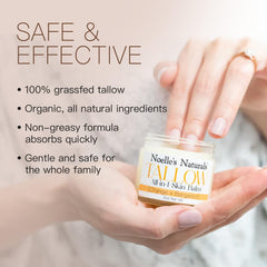 Glass-jar packaging from Noelle's Naturals highlights organic grass-fed tallow.