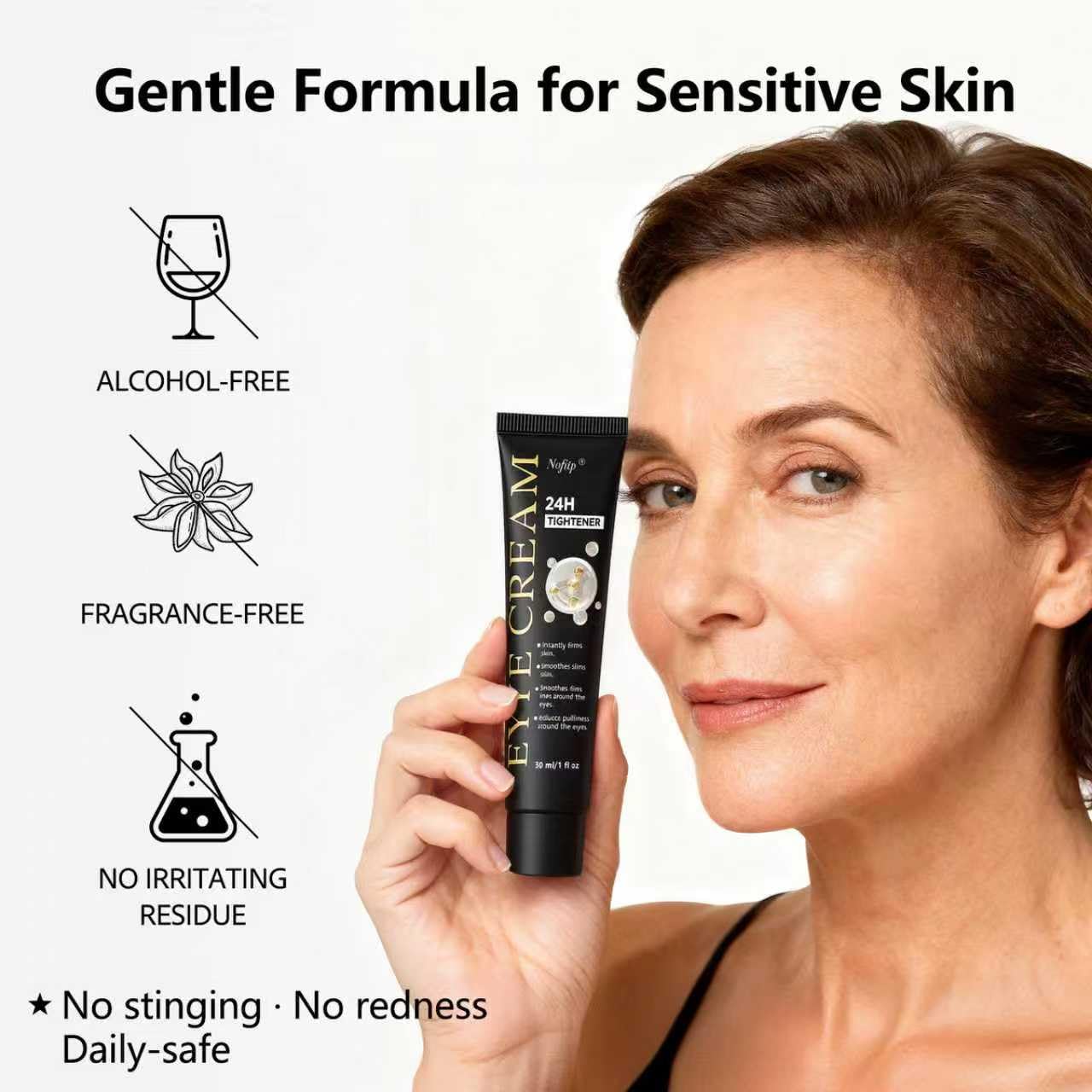 Serum texture close-up showing lightweight, fast-absorbing formula suitable for sensitive skin.