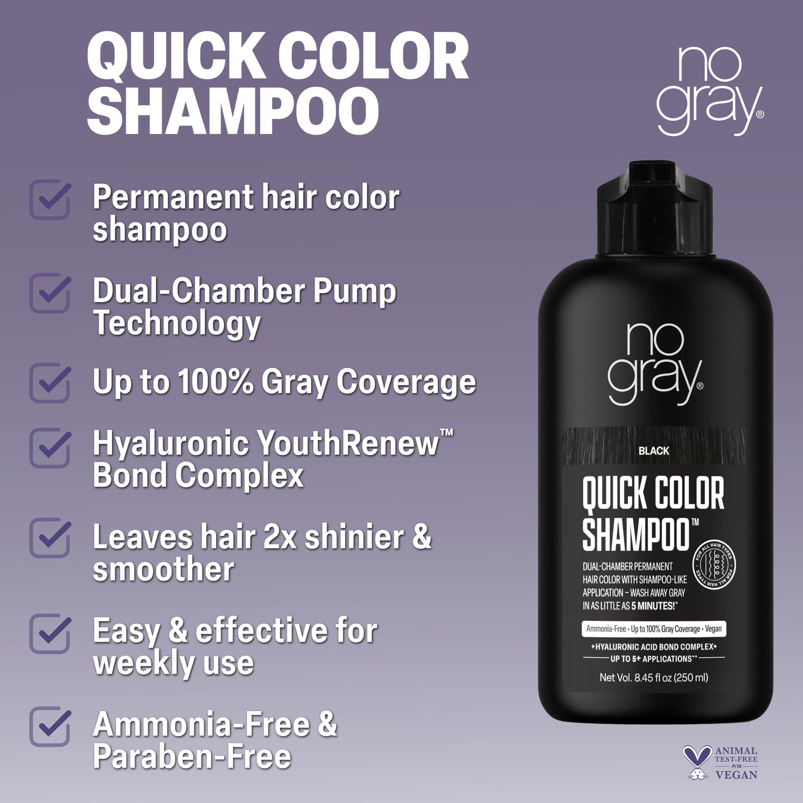 No Gray Quick Color Shampoo illustration indicating five-minute gray coverage.