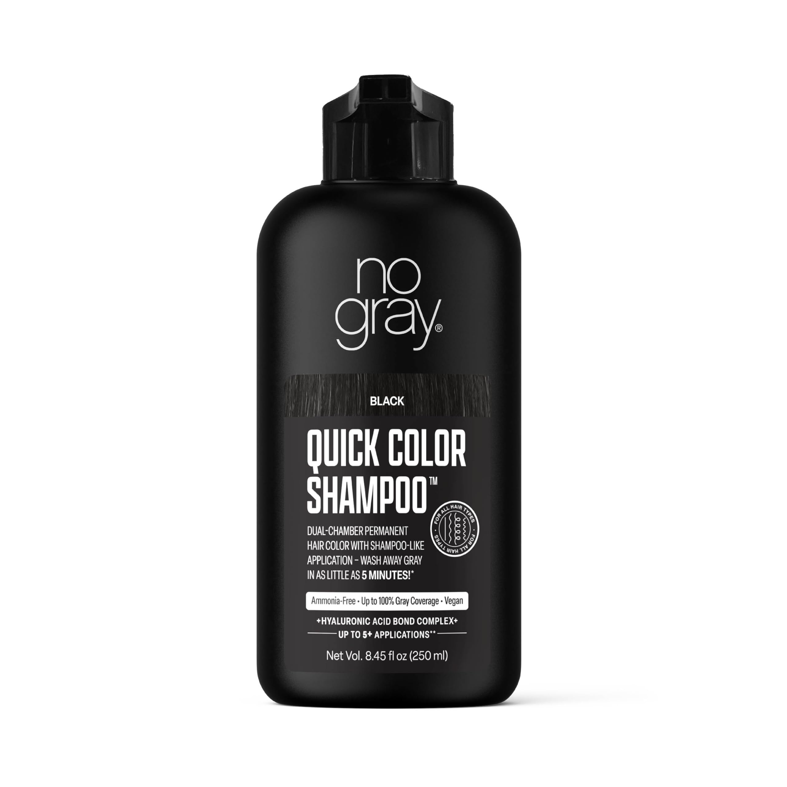 No Gray Quick Color Shampoo bottle front showing black formula for quick gray coverage.