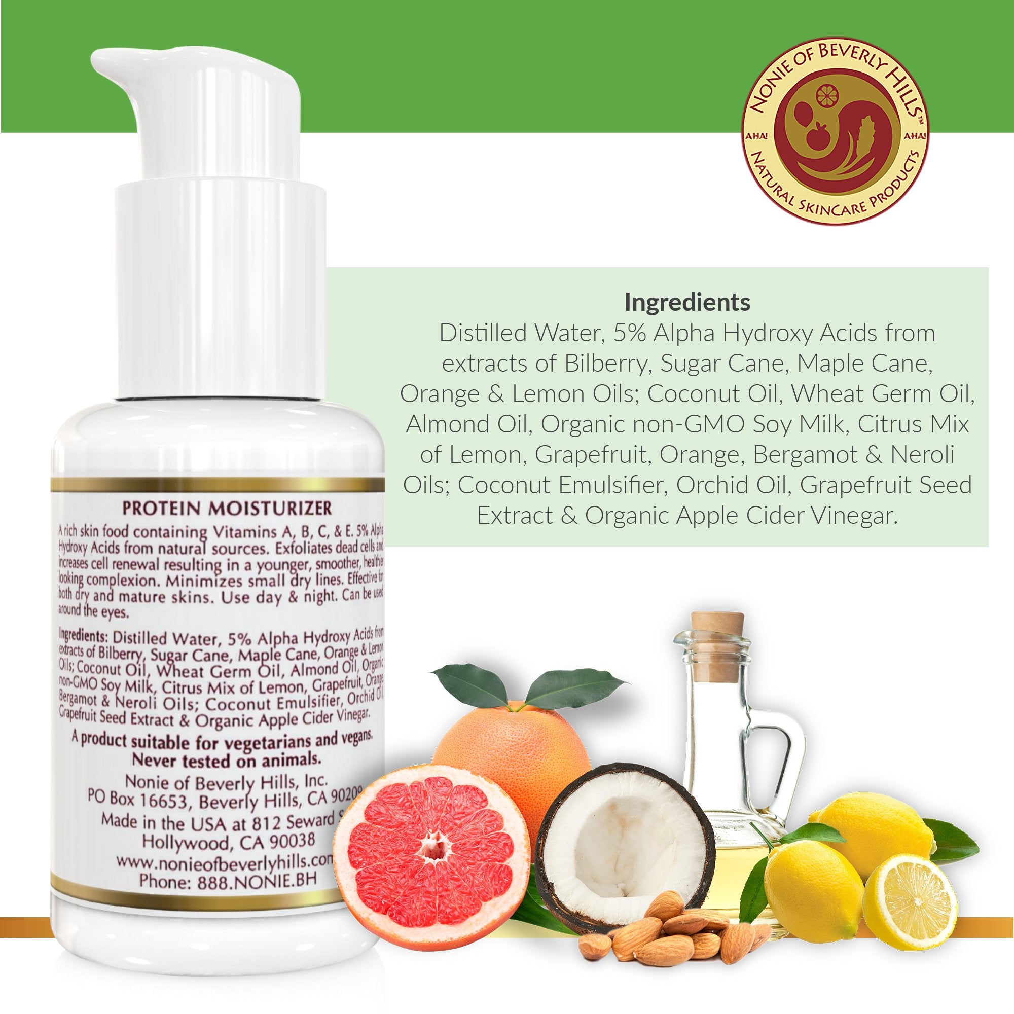 Nonie of Beverly Hills AHA Protein Moisturizer vegan formula with clean ingredients.