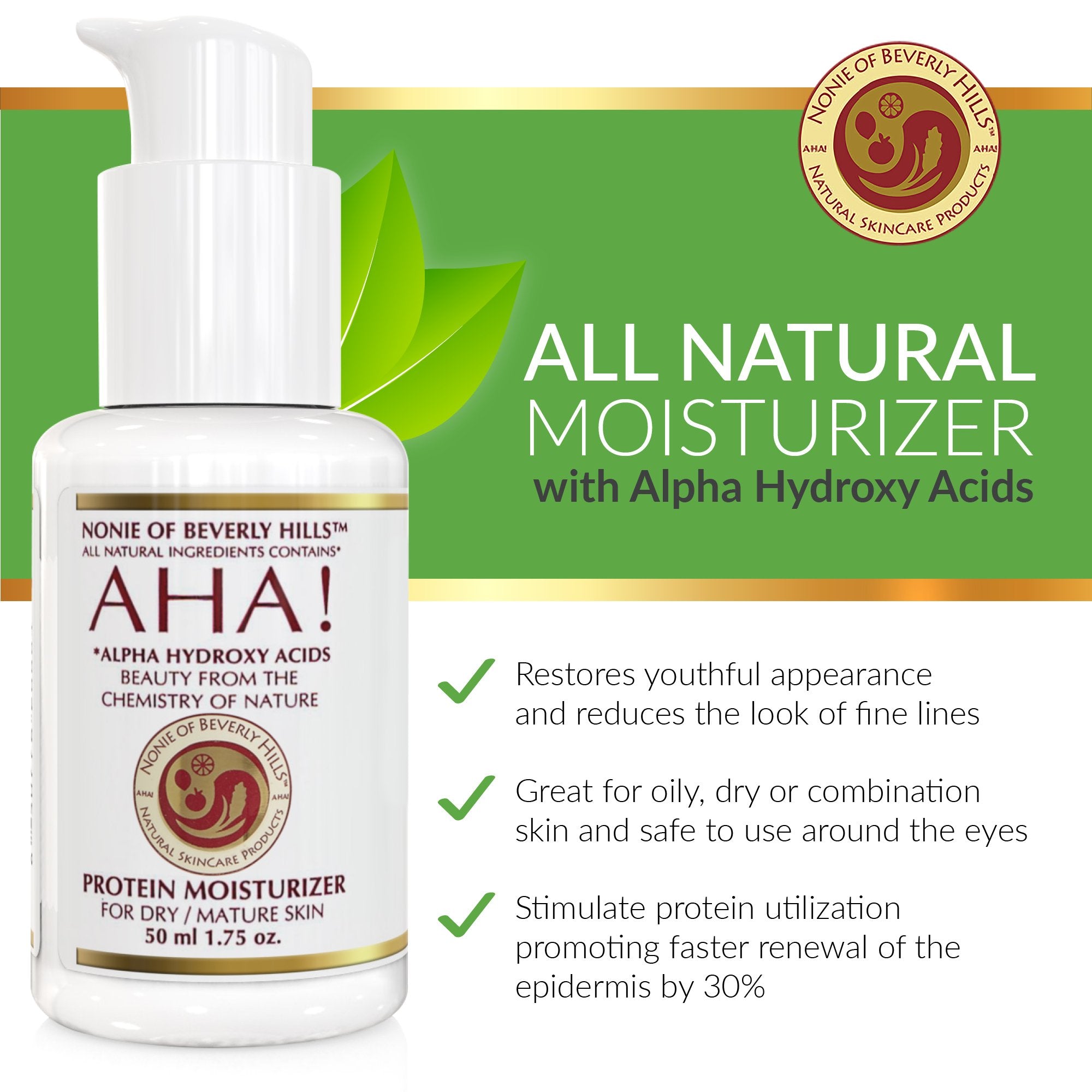 Nonie of Beverly Hills AHA Protein Moisturizer ingredient panel highlights vitamins A, B, C, E.