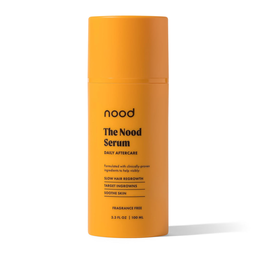 Nood Serum bottle showing slower hair regrowth for a smoother shave.