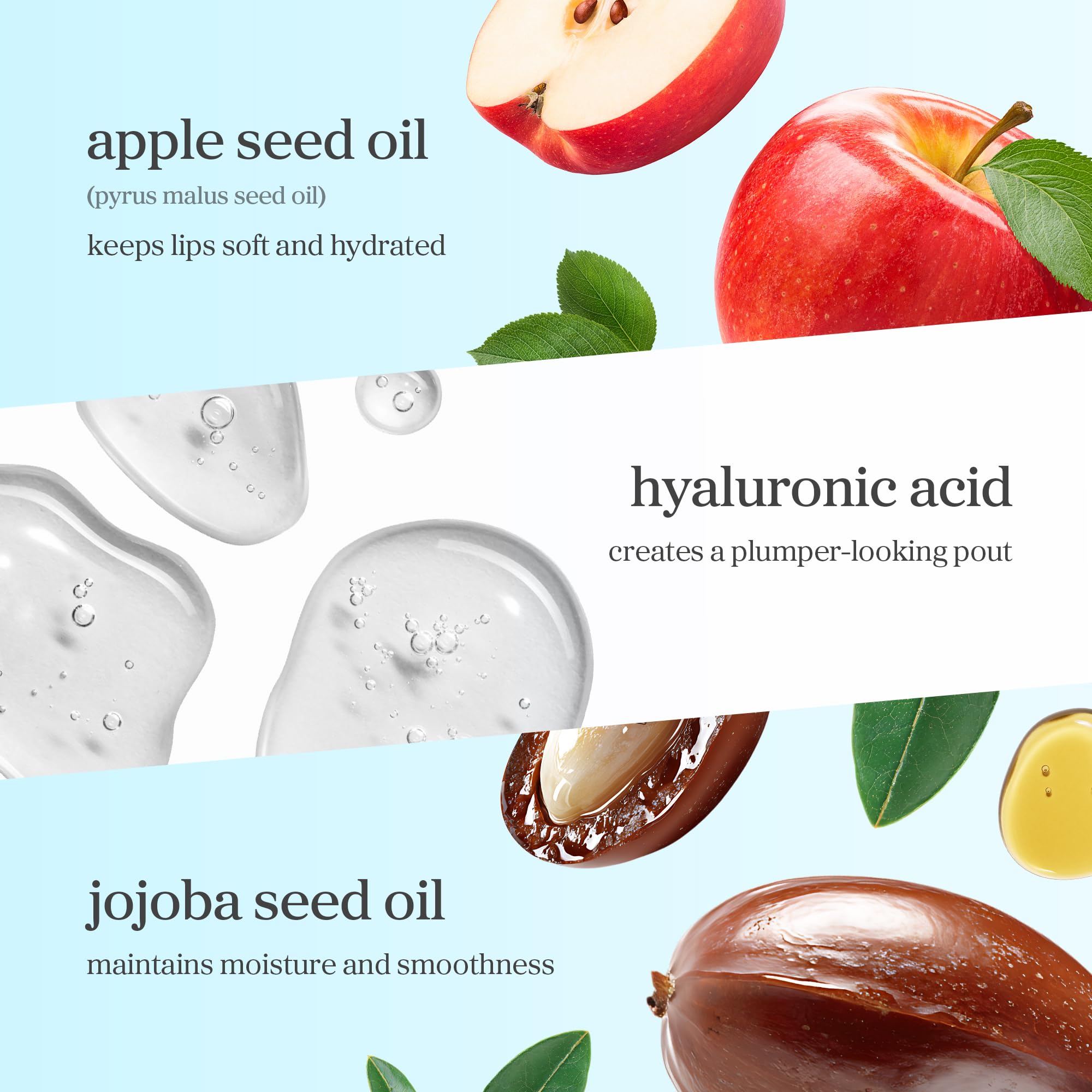 NOONI Appleclear Lip Oil apple seed oil detail highlights nourishing ingredients.