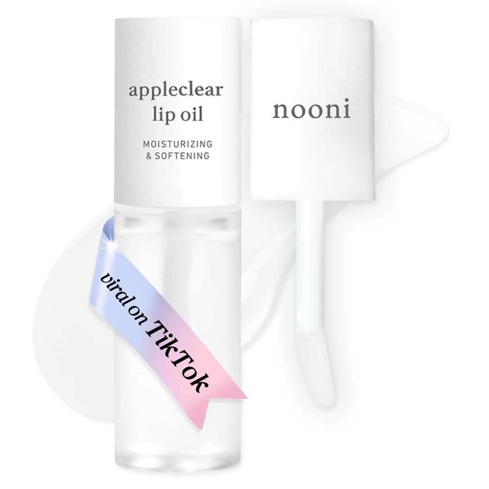 NOONI Appleclear Lip Oil bottle closeup showing glassy hydration for dry lips.