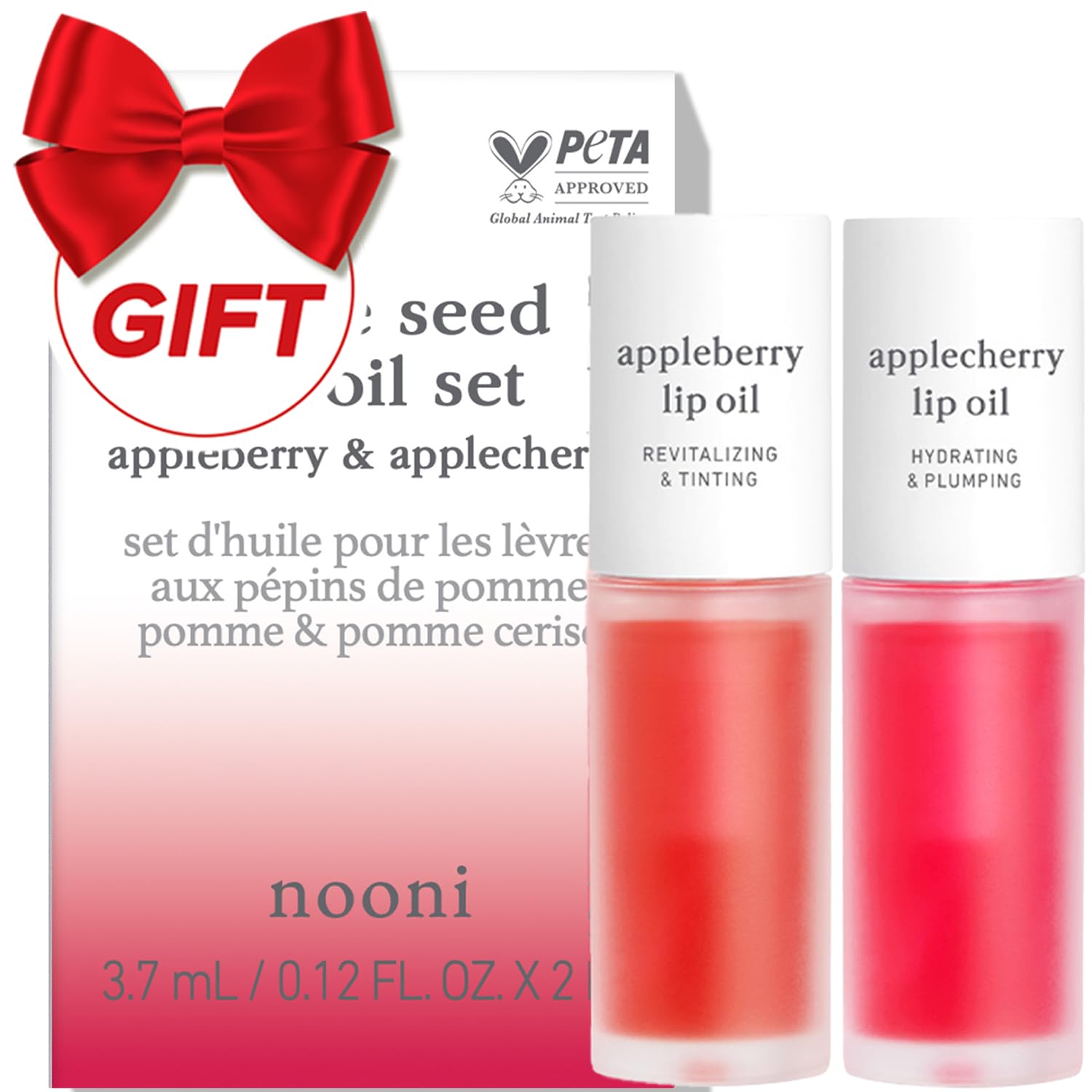 NOONI lip oil set bottles Appleberry and Applecherry on a clean surface for moisture-ready glam.