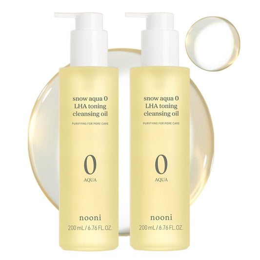 NOONI Snow Aqua 0 LHA Cleansing Oil bottle front for gentle makeup removal and pore care.
