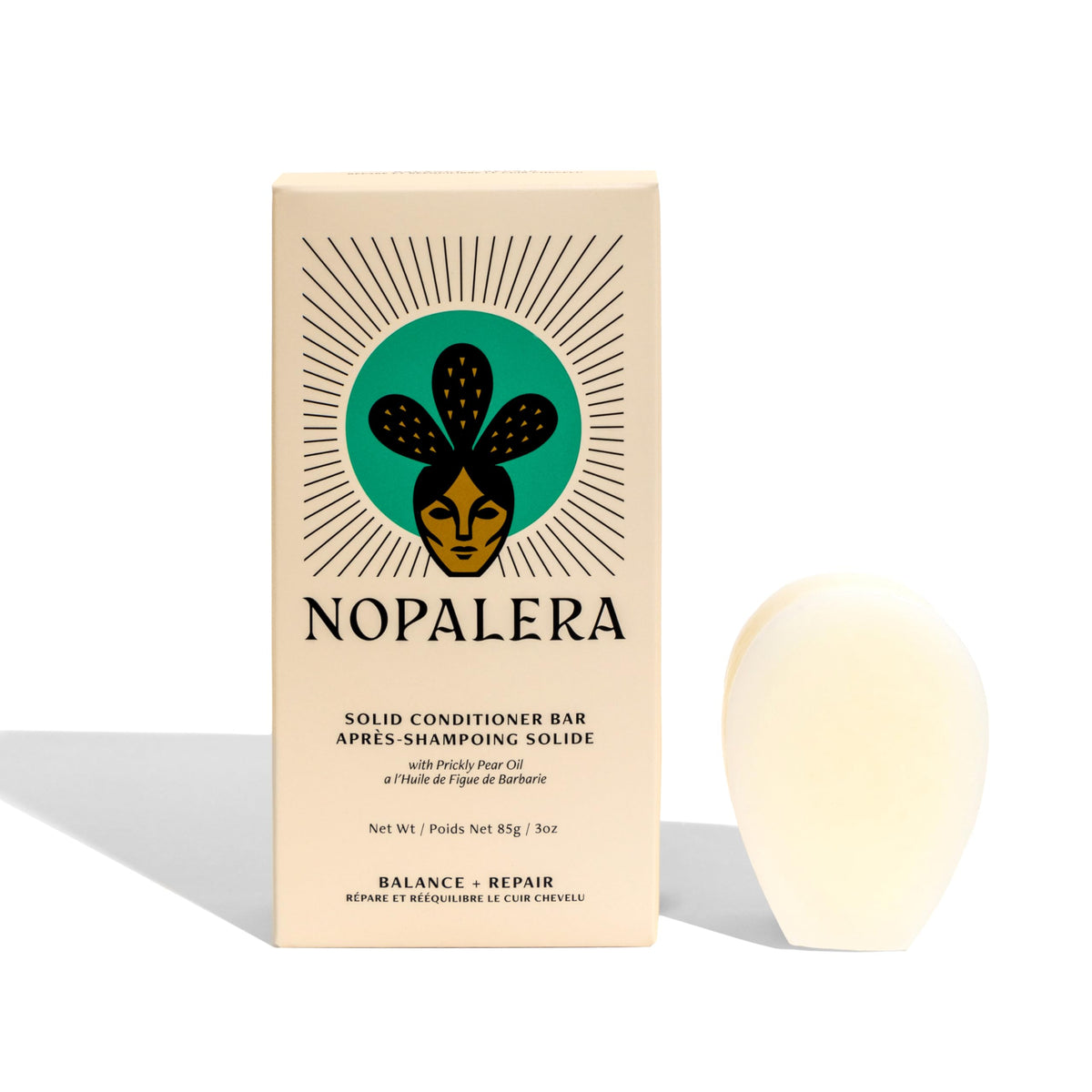 Nopalera Balance conditioner bar packaging highlights eco-friendly, premium hair care.