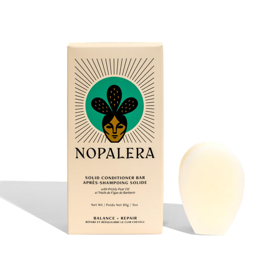 Nopalera Balance conditioner bar packaging highlights eco-friendly, premium hair care.