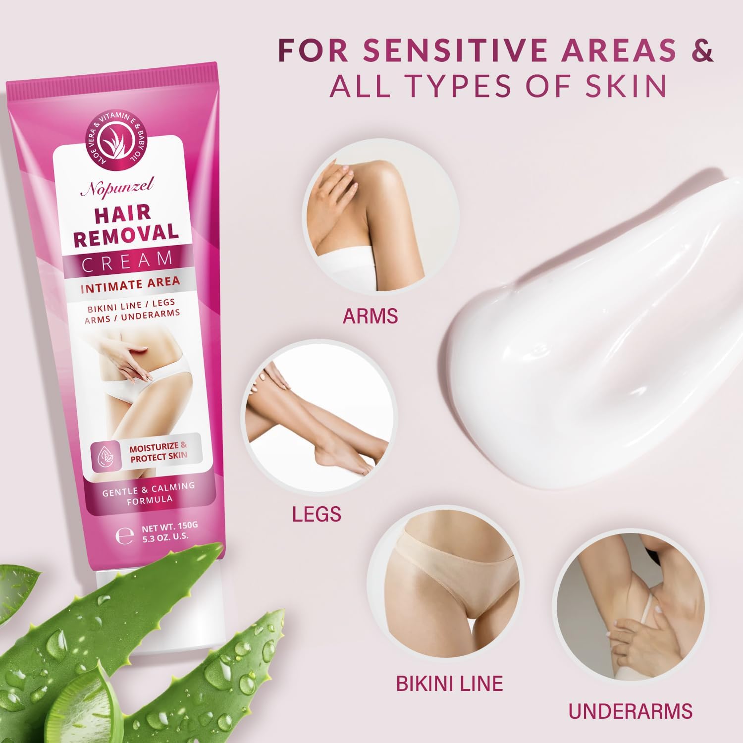 NOPUNZEL bikini area application showing gentle formula for delicate skin.