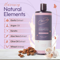 Nora Ross Garlic Shampoo bottle highlighting argan oil and chamomile blend for nourishment