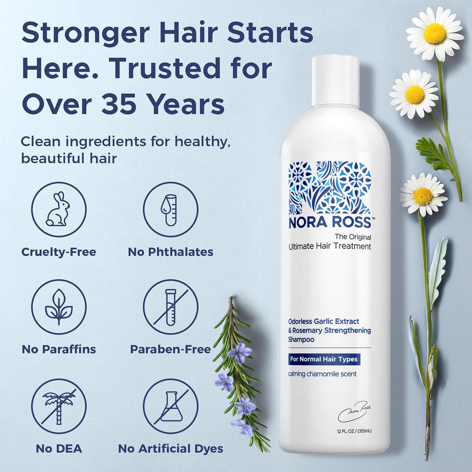 Nora Ross garlic extract rosemary conditioner bottle highlights nourishing moisture