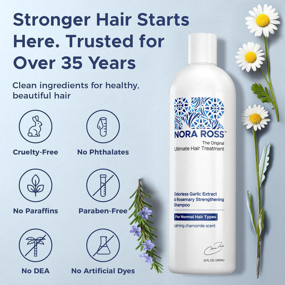 Nora Ross garlic extract rosemary conditioner bottle highlights nourishing moisture