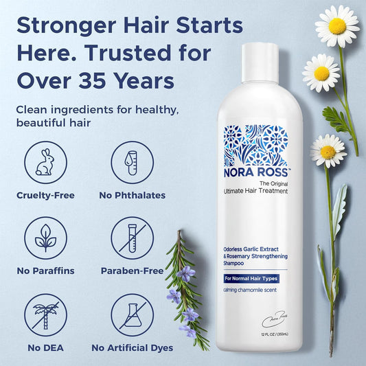 Nora Ross garlic extract rosemary conditioner bottle highlights nourishing moisture