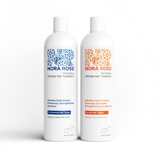 Nora Ross garlic extract rosemary shampoo bottle shows strengthening benefits