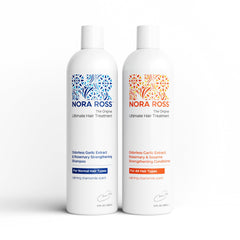 Nora Ross garlic extract rosemary shampoo bottle shows strengthening benefits