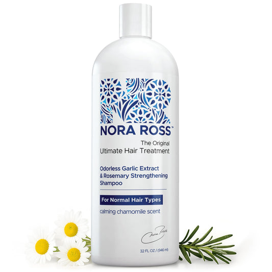 Nora Ross garlic extract shampoo bottle front for thinning hair refresh