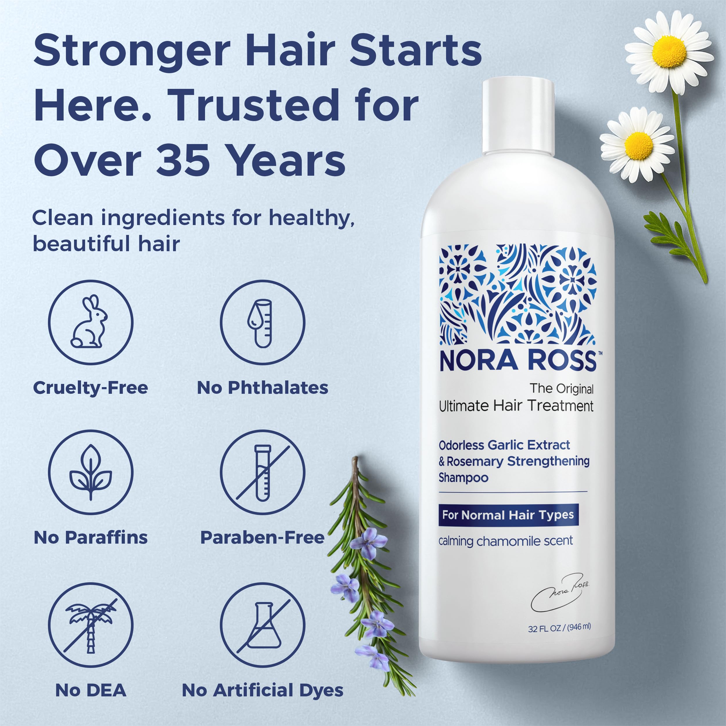 Nora Ross garlic extract shampoo label closeup highlighting clean formula