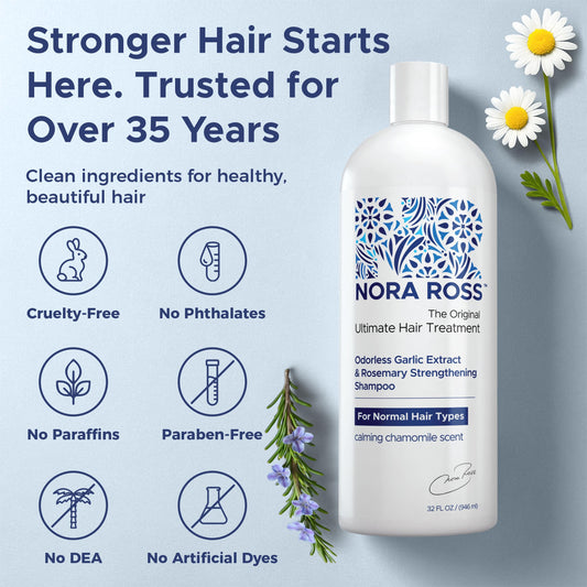 Nora Ross garlic extract shampoo label closeup highlighting clean formula