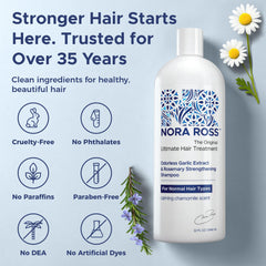 Nora Ross garlic extract shampoo label closeup highlighting clean formula