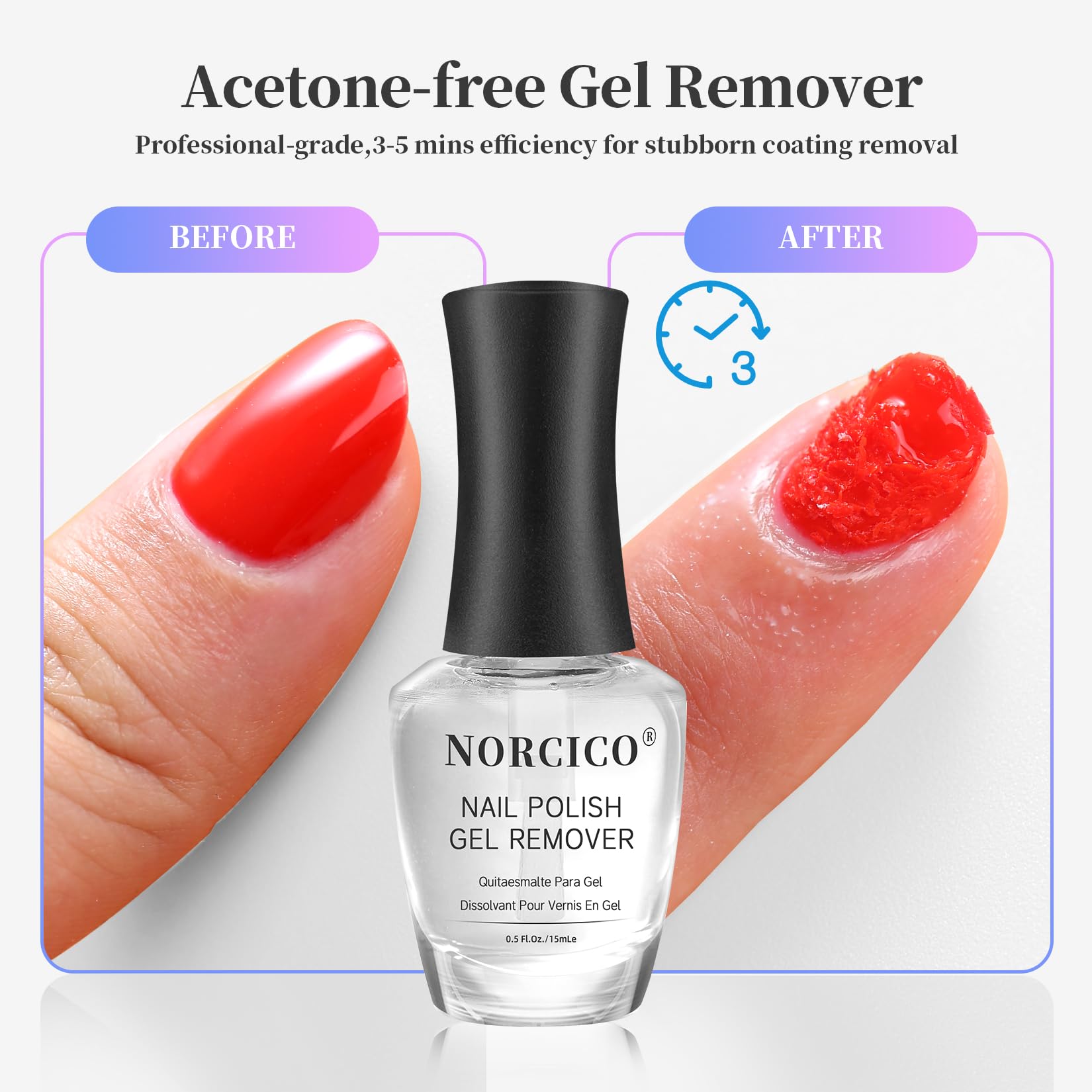 NORCICO acetone-free formula label highlights gentle, nail-safe removal.
