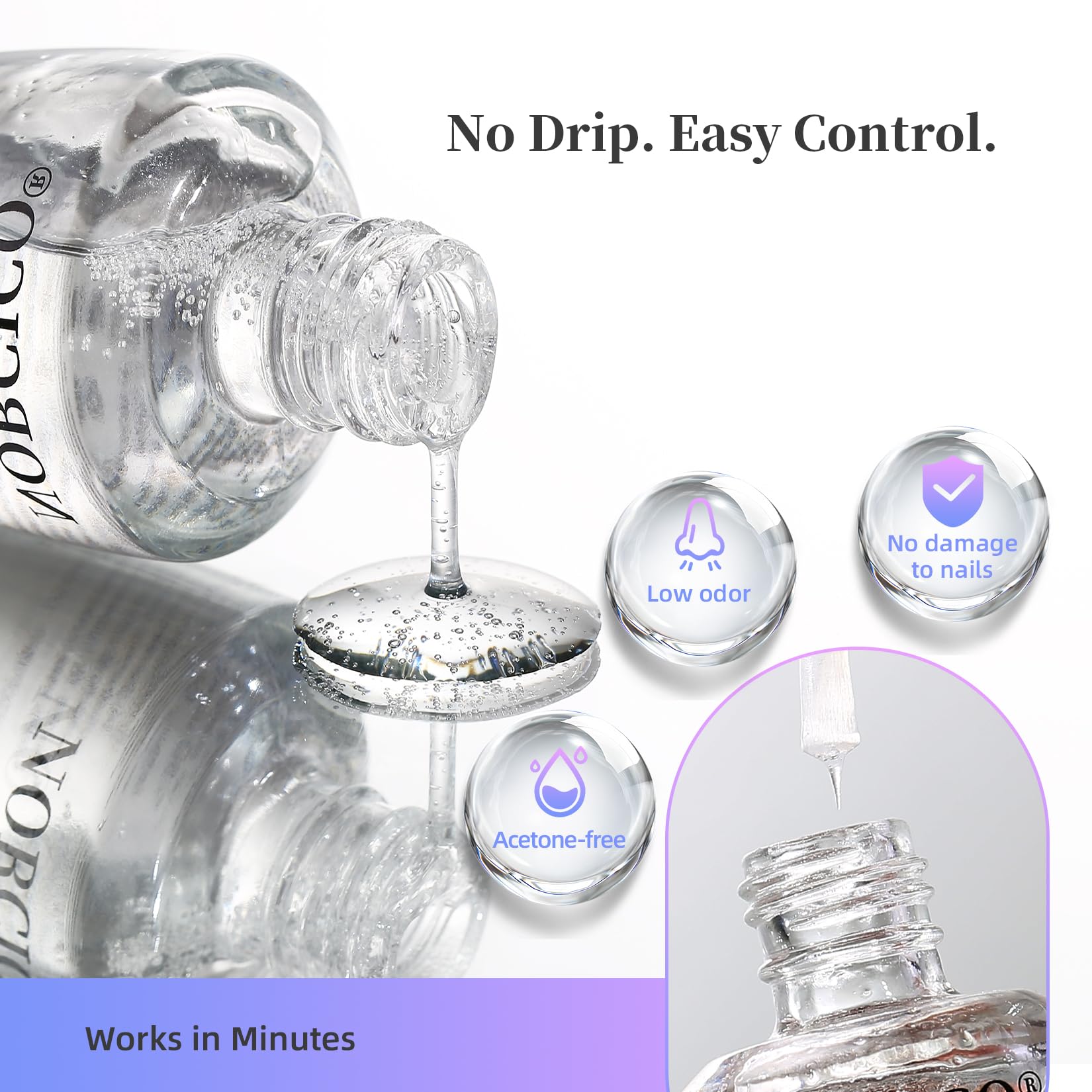 NORCICO close-up of clear remover texture, showing low-odor, gentle formula benefit